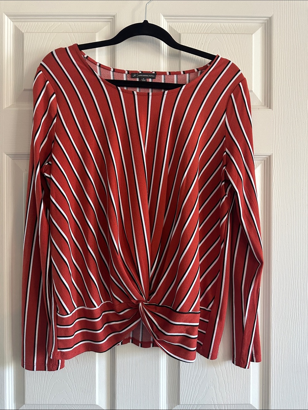 Adrianna Papell Red & White Striped Twist-Front Long Sleeve Top